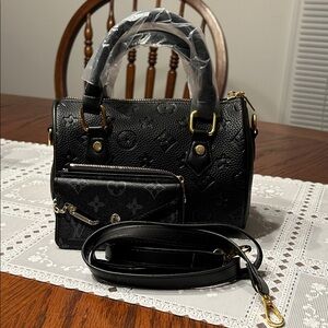 Designer Black Embossed Leather Satchel Handbag and Wallet